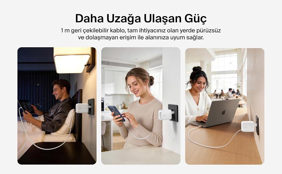 UltraCharge Geri Cekilebilir GaN Duvar Sarj Cihazi 67W