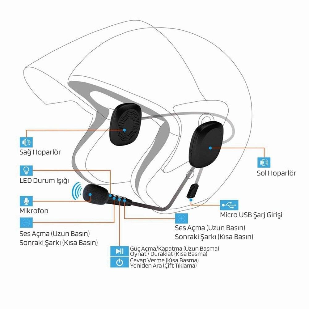 Powermaster PM-14283 Bluetooth'lu Şarjlı Kask İçi Motosiklet Hoparlör ve Mikrofon Seti
