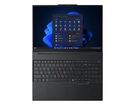 Lenovo ThinkPad E16 Gen 3 (16" Intel) dizüstü bilgisayarın 360 derece açılmış üstten çekimi, canlı ekranına ve gelişmiş verimlilik ve kontrol için sayısal tuş takımına sahip duyarlı klavyesine odaklanıyor.