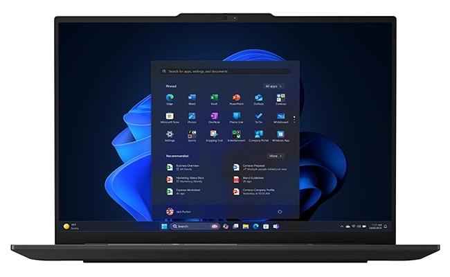 Veri-cihaz güvenliğinizi sağlam tutmak için güçlü veri güvenliği ve oturum açma özellikleriyle birlikte gelen Lenovo ThinkPad E16 Gen 3 (16" Intel) dizüstü bilgisayarın önden görünümü.