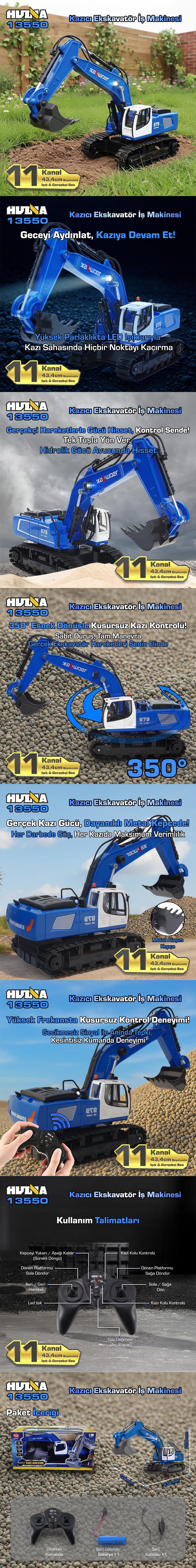 HUINA Kaliwo 13550 1/18 11CH Kazıcı Ekskavatör İş Makinesi İnşaat Uzaktan Kumandalı RC Model Metal Kepçeli Mavi - 2.4Ghz Gerçekçi Similasyon Ses ve Işık Sistemi