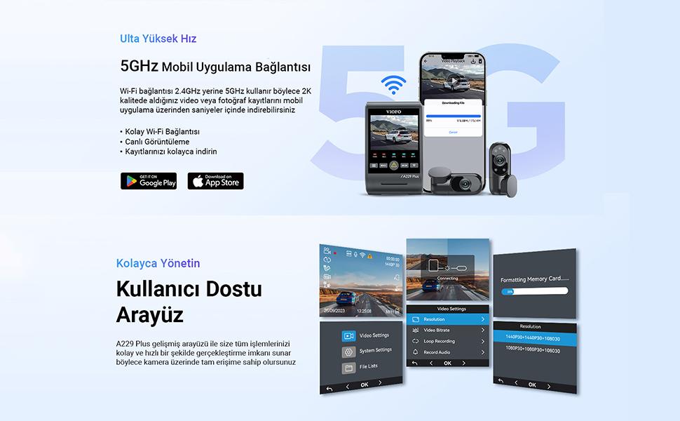 Viofo araç kamerası,A229 plus,5G Wifi,uygulama, araç kamerası