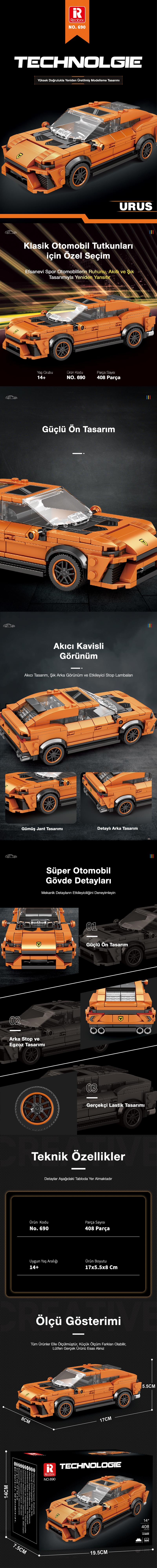 Reobrix Sports Car Lamborghini Urus 690 Brick Yapım Seti