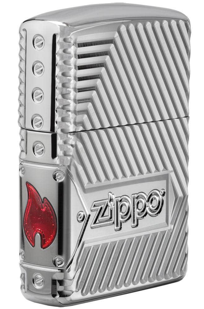 Zippo Bolts Design Rüzgar boyutunda Çakmağın 3/4 açısıyla arkadan izlendi