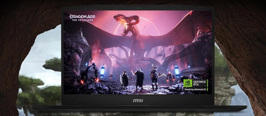 Güçlü MSI gaming laptop ekranı, Dragon Age: The Veilguard oyunu ile yüksek performans ve kaliteli grafikler sunuyor. Nvidia GeForce RTX ile üst düzey oyun deneyimi.