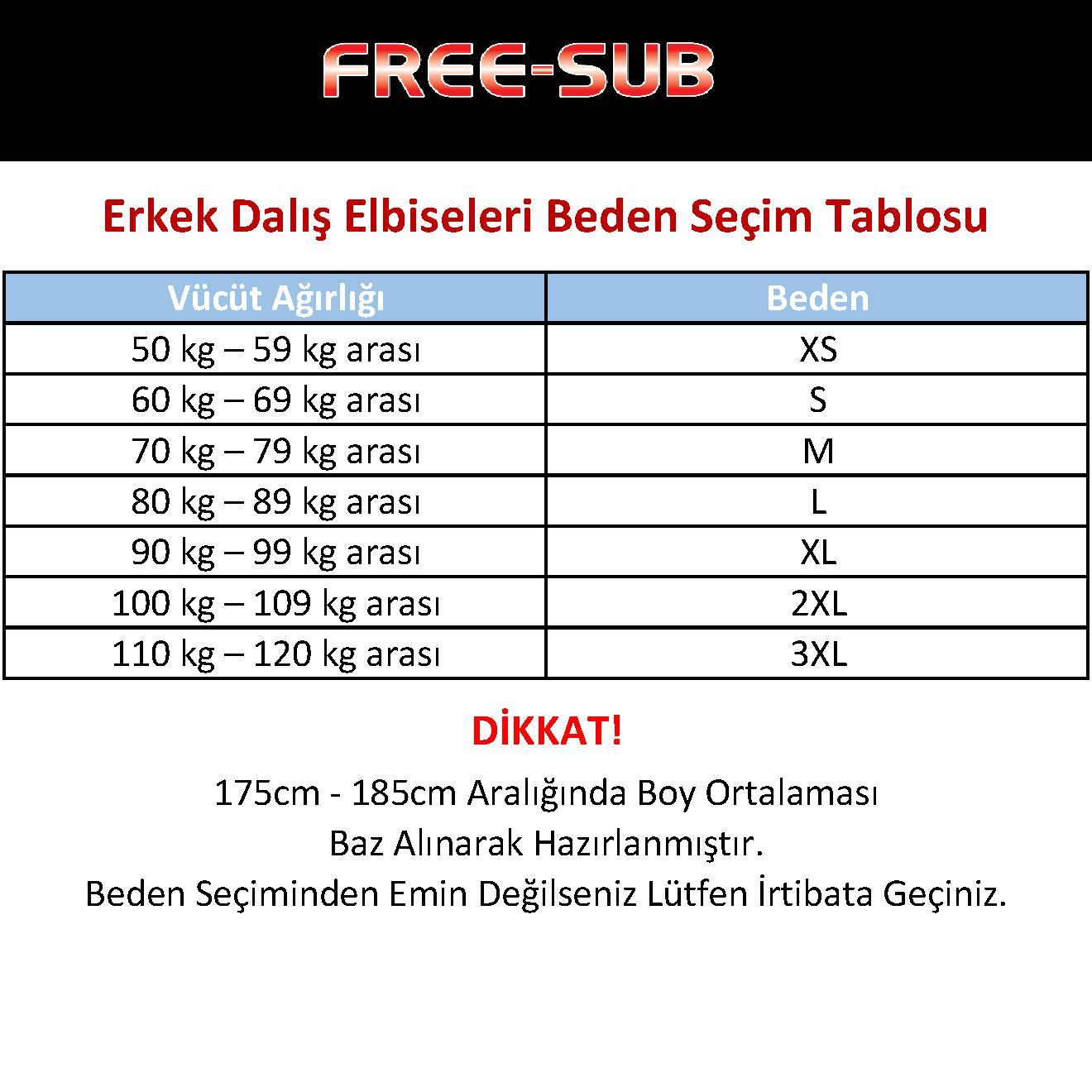 Free-Sub Erkek Dalış Elbisesi Beden Seçim Tablosu