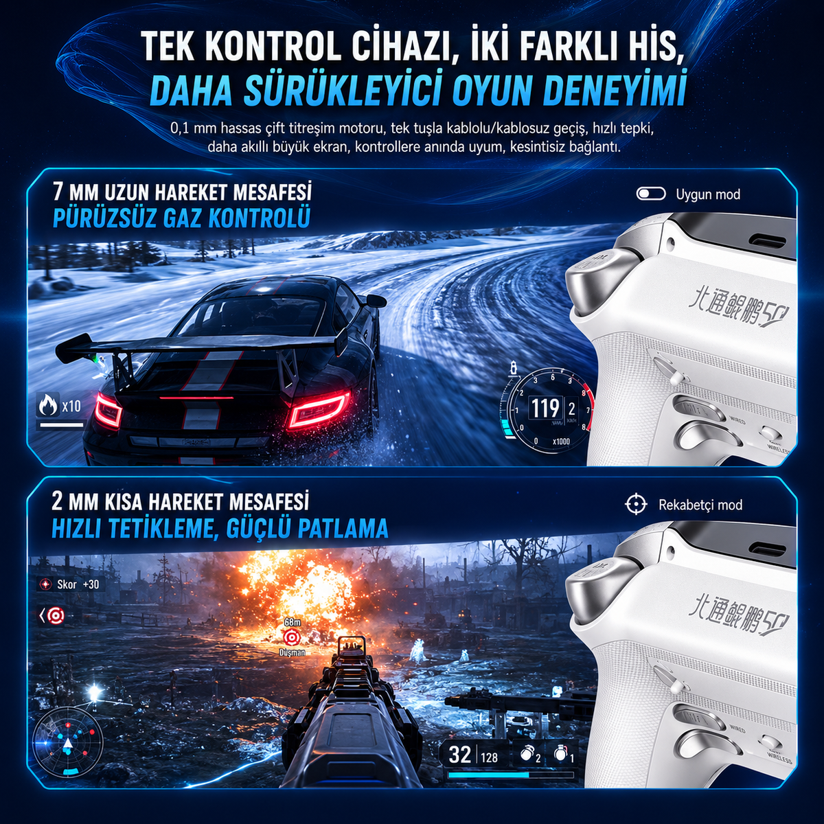 BEITONG KP50 Kablosuz Beyaz Gamepad (2.4G, Bluetooth, Kablolu)