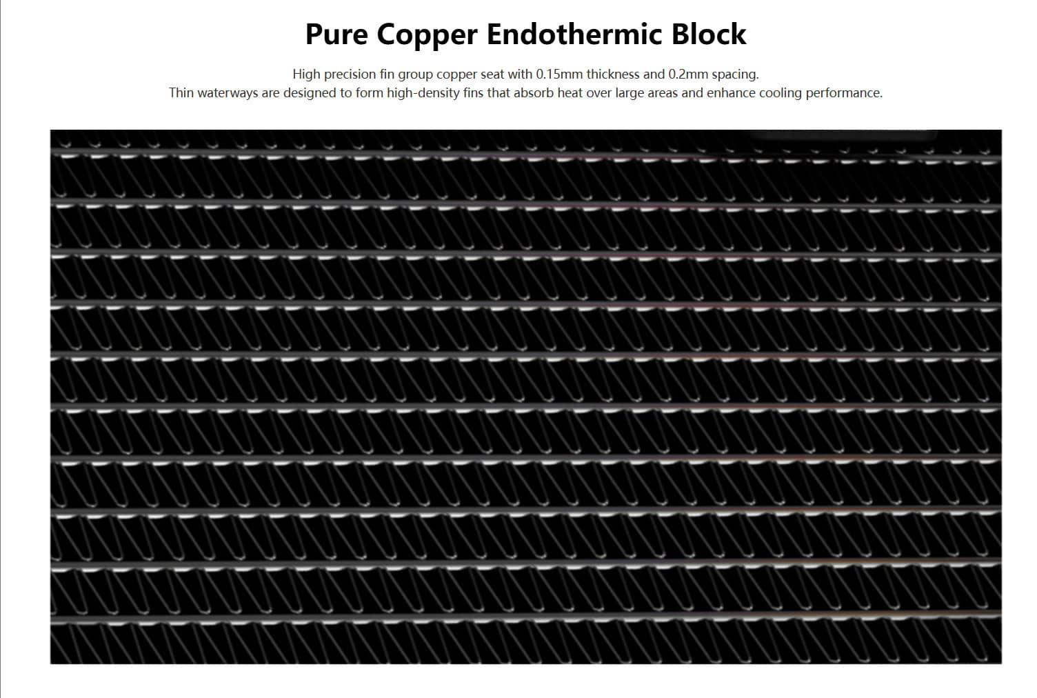 Close-up of pure copper endothermic cooling block with detailed fins for efficient heat dissipation.
