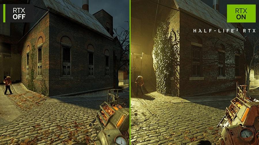 RTX OFF ve RTX ON grafik ayarlarını karşılaştırmalı Half-Life 2 oyunu görüntüsü, yüksek kaliteli ve gerçekçi görseller ile oyun deneyimini ön plana çıkarmaktadır.