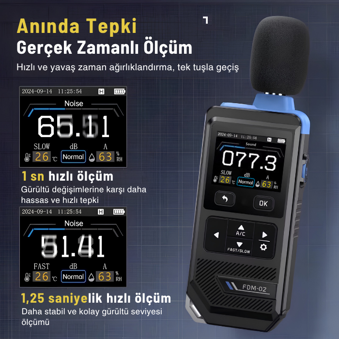 FNIRSI FDM-02 Renkli Göstergeli Desibel Ölçer Hızlı Tepki