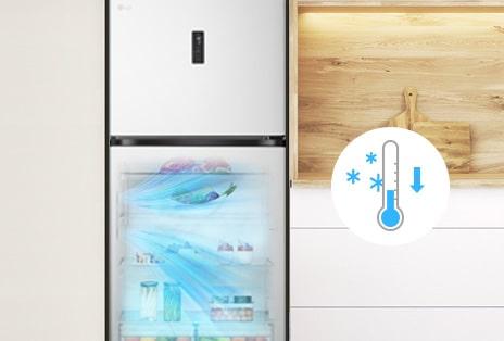 Yoğun kullanım zamanlarından sıcaklığı 1°C düşürerek soğutmayı artıran Smart Fresh Air özellikli LG üstten donduruculu buzdolabı.