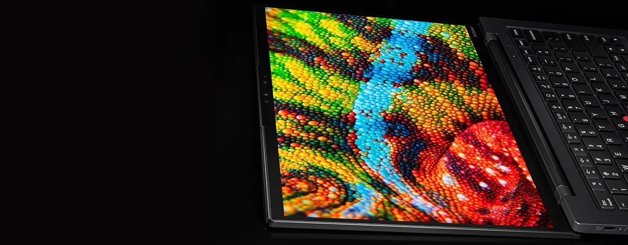 A Lenovo ThinkPad X1 Carbon laptop display showing a vibrant mosaic of multicolored circles