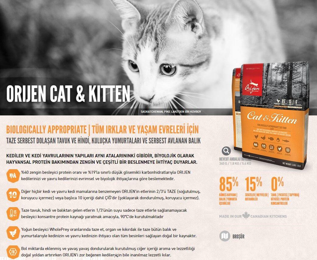 Orijen Kitten Tahılsız Tavuklu Yavru Ve Yetişkin Kedi Maması 