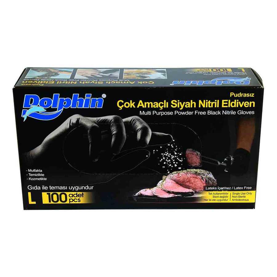 DOLPHİN PUDRASIZ SİYAH NİTRİL ÇOK AMAÇLI ELDİVEN BÜYÜK BOY (L) 100 LÜ PAKET