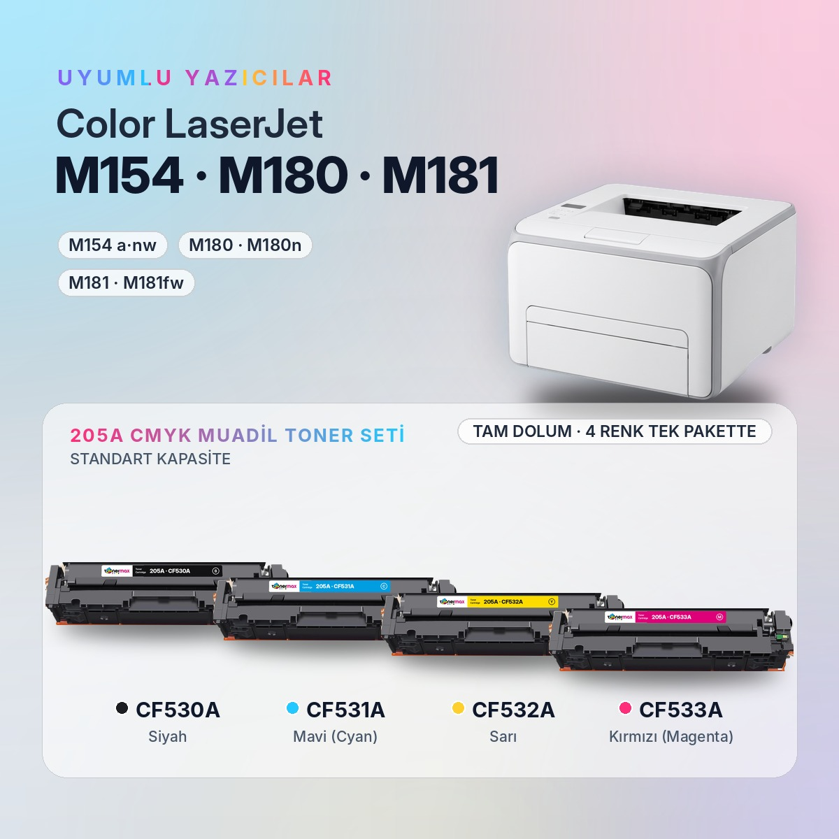 205A CMYK Muadil Toner Seti uyumlu yazıcı modelleri