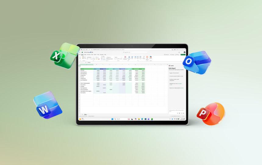 PowerPoint, Word, Excel ve Outlook çalıştıran bir cihaz, Microsoft 365 aboneliğinde sunulan uygulamalar