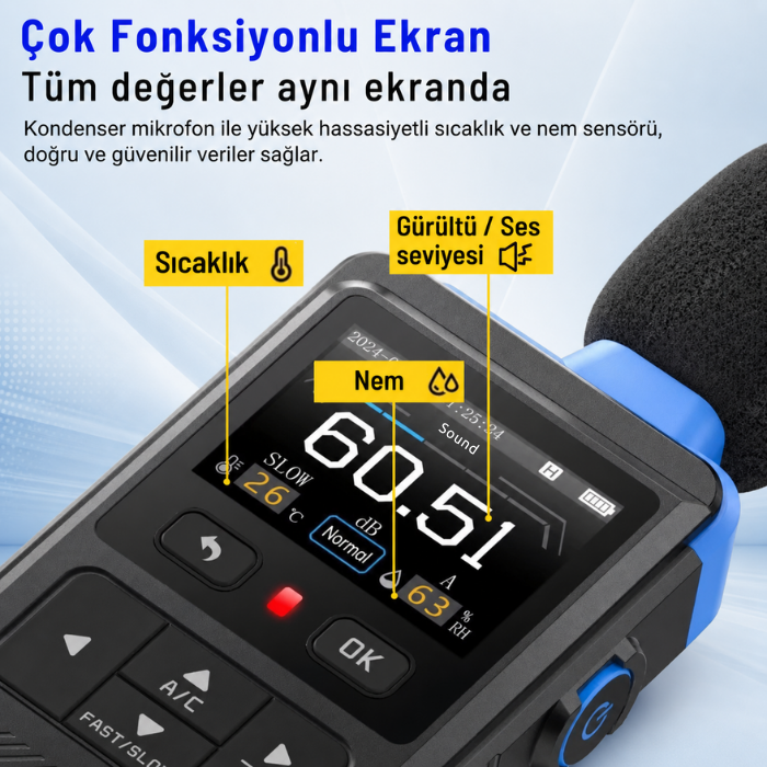 FNIRSI FDM-02 Renkli Göstergeli Desibel Ölçer | Sıcaklık ve Nem Göstergeli