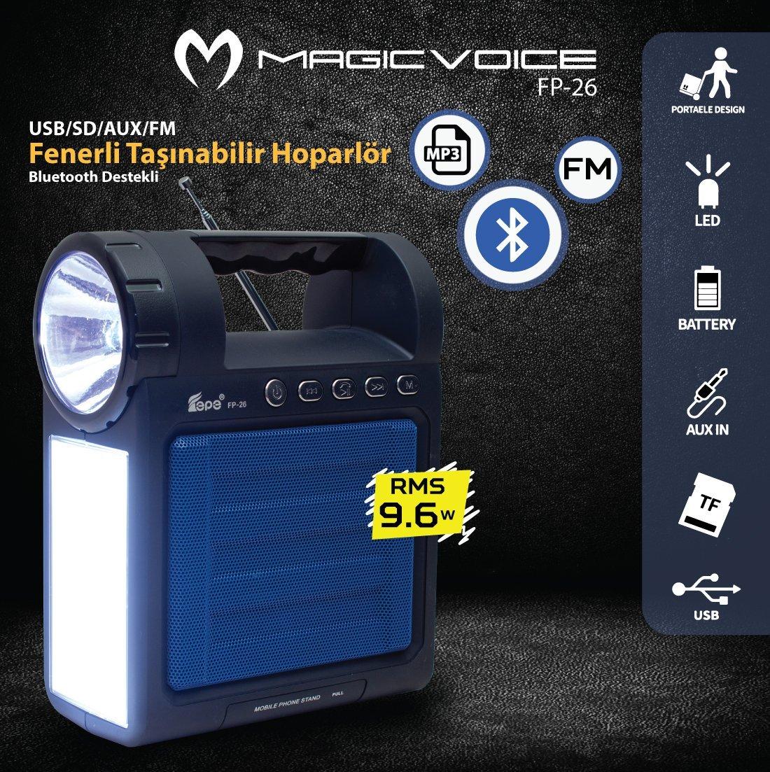 Magicvoice FP-26 USB/SD/FM /Bluetooth Destekli Fenerli Taşınabilir Hoparlör