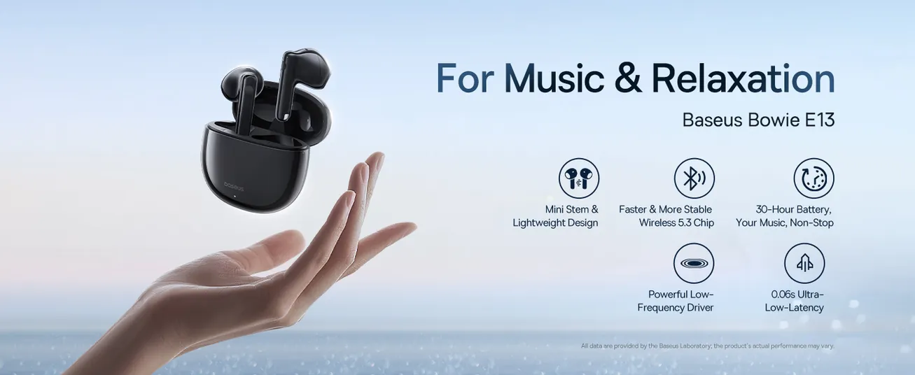 Baseus Bowie E13 True Wireless Earbuds with 12mm Diaphragm, 30H Battery, Low Latency 0.06s, BT 5.3, App Control – For Music, Gaming & Calls