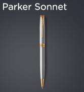 Parker Sonnet tükenmez kalem, paslanmaz çelik, altın süslemeli, orta noktalı siyah mürekkep, hediye kutusu
