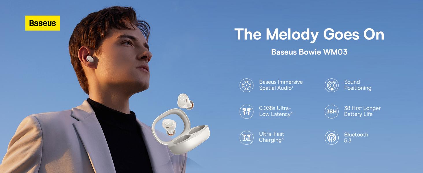 Baseus Bowie WM03 True Wireless Earphones - 38H Playtime, Bluetooth 5.3, Ultra-Low Latency, Fast Charging Case, Immersive Audio - White