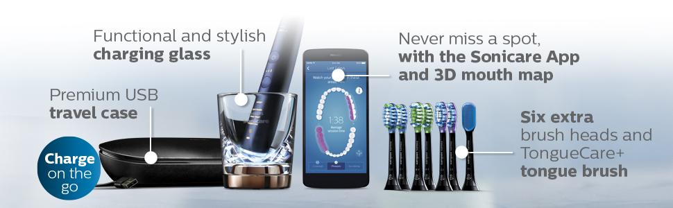 six extra brush heads premium usb travel case charging glass sonicare app