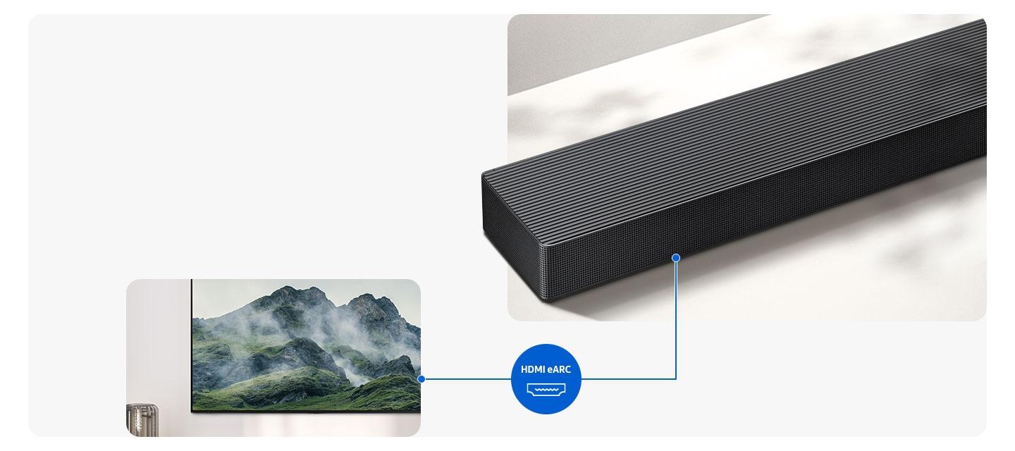Close-up of a Samsung soundbar. A line connects the soundbar to a TV and shows the logo for HDMI eARC.