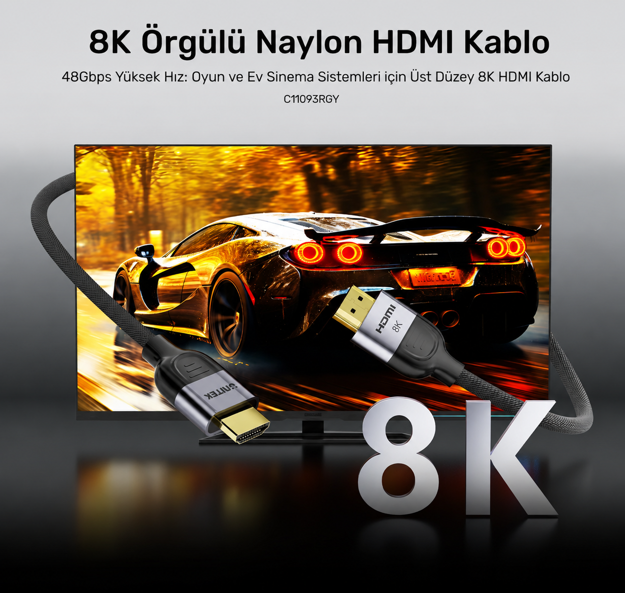 Unitek 8K Örgülü 1 Metre HDMI Kablosu (C11093RGY01-1M)