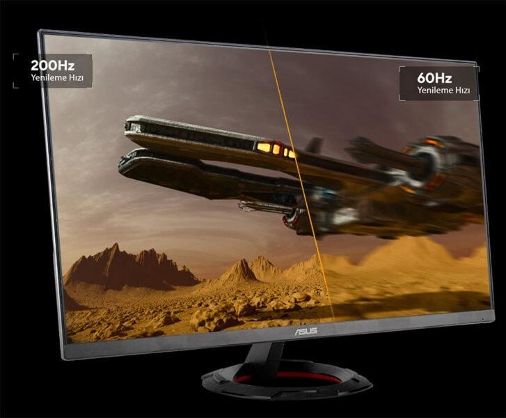 Yüksek yenileme hızına sahip ASUS oyun monitörü, 200Hz ve 60Hz arasındaki farkları göstererek yüksek performans ve akıcı görüntü sağlar. E-spor ve yüksek hızlı oyun deneyimleri için ideal, gelişmiş ekran teknolojisiyle öne çıkıyor.