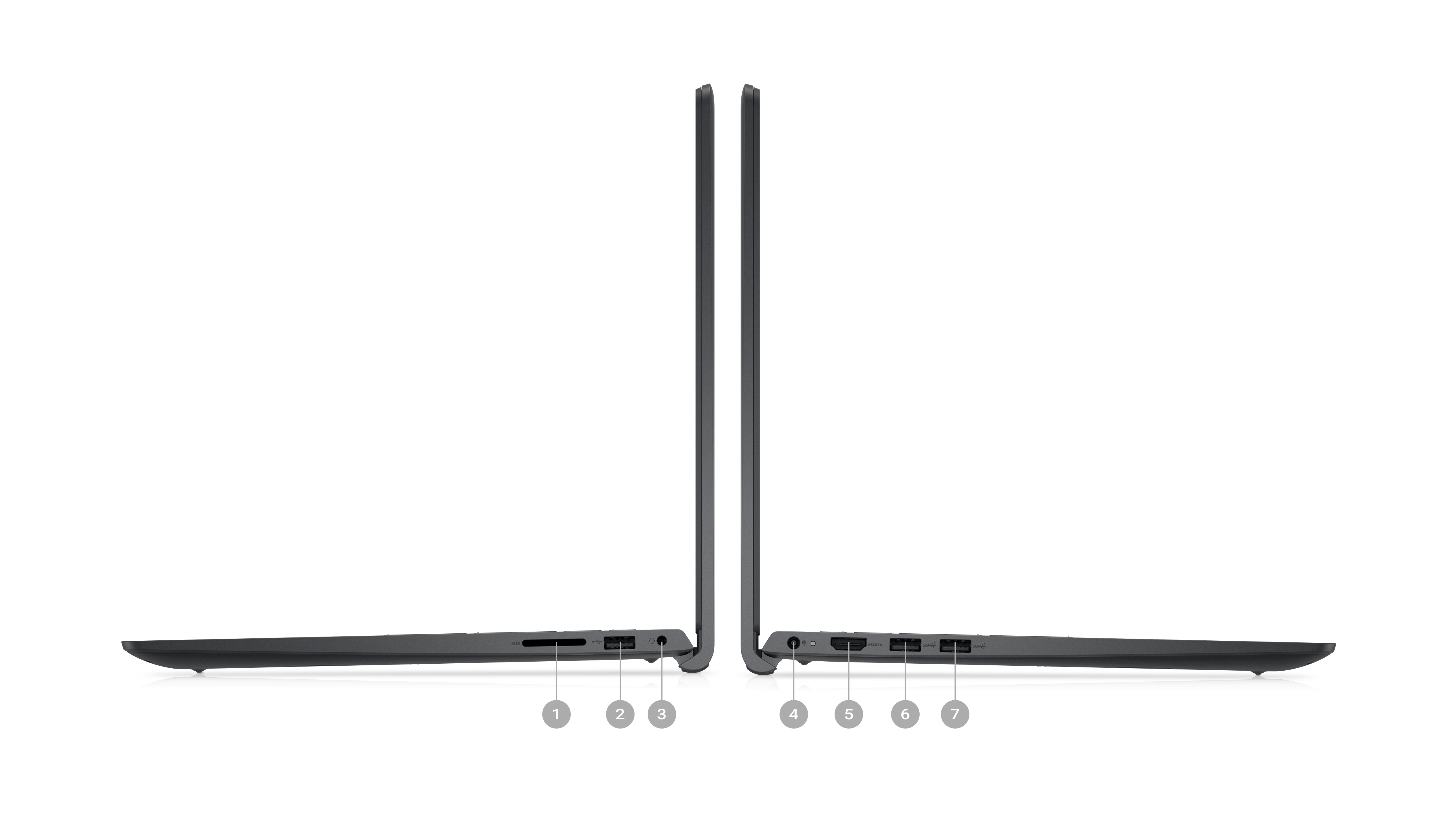 Ürün bağlantı noktalarını işaret eden 1'den 7'ye kadar sayılarla yanlara yerleştirilmiş iki Dell Inspiron 15 3520 dizüstü bilgisayarın resmi.