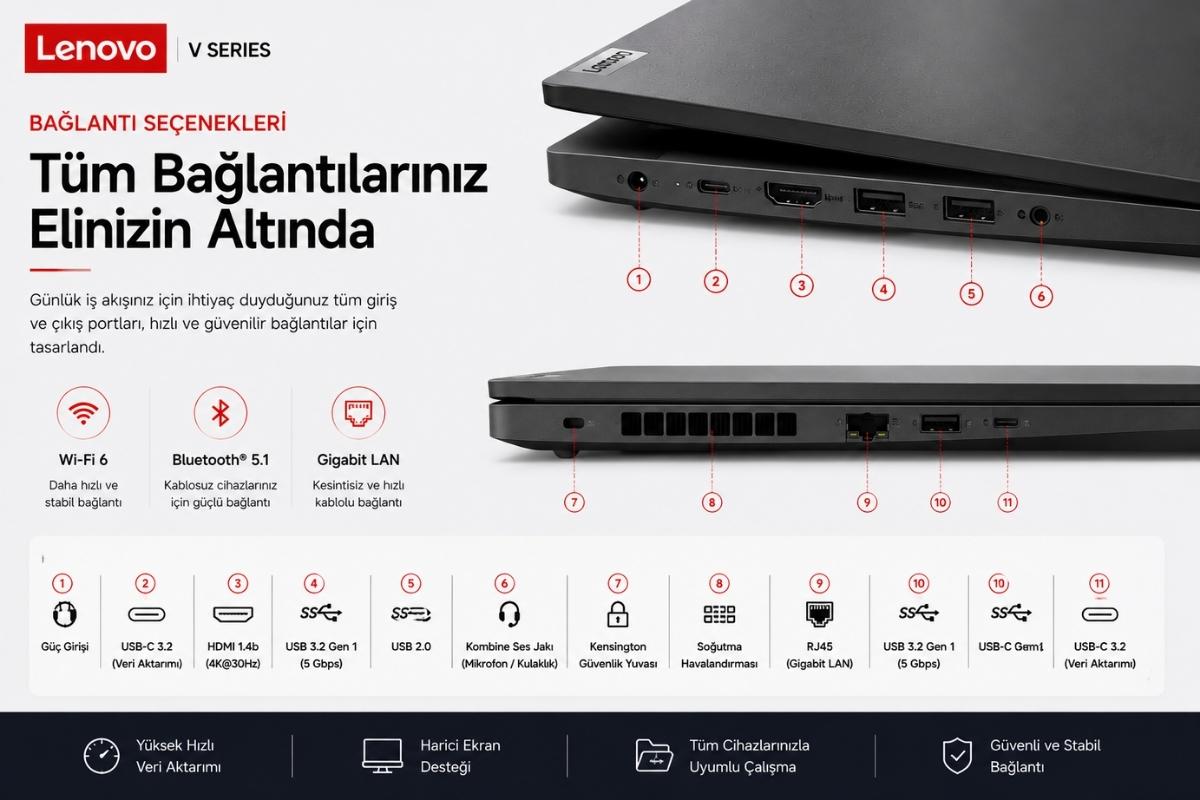 Lenovo V15 G4 IRU USB-C HDMI USB RJ45 bağlantı noktaları