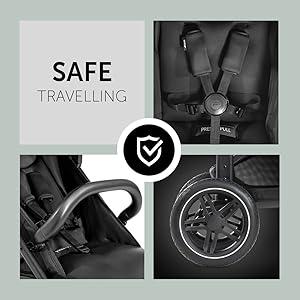 5 noktalı kemer, koruma barı ve tekerleklerdeki beyaz çizgiler sayesinde güvenlidir