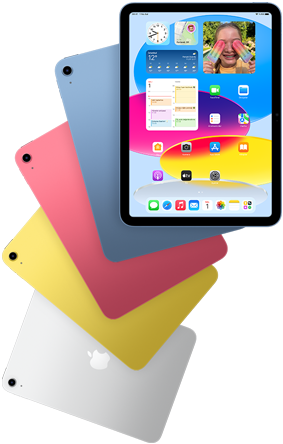 Ana ekranın gösterildiği bir iPad’in önden görünümü ve arkasında mavi, pembe, sarı, gümüş rengi iPad modellerinin arkadan görünümü