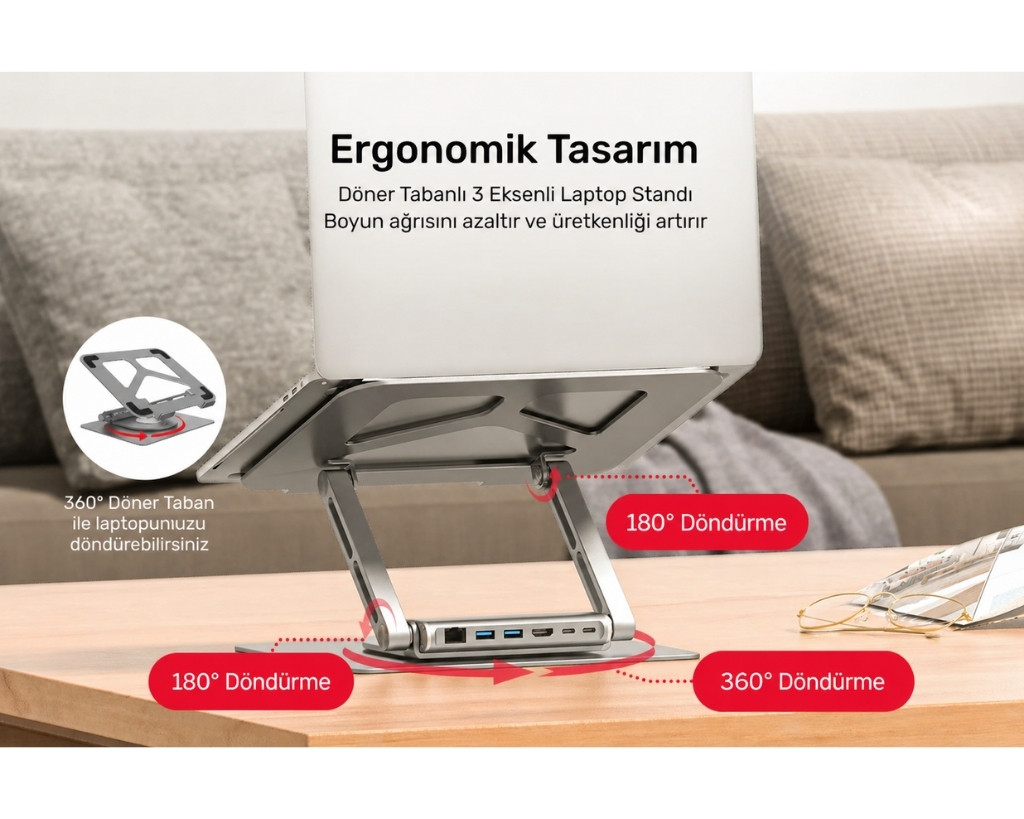 Unitek 360D 15.6″ Metal Notebook Standı Çıkarılabilir 5 in 1 USB-C Hub Dahil D1109B01