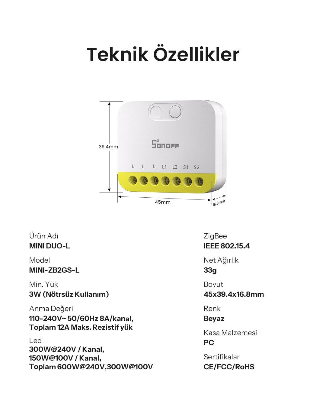 SONOFF Mini-ZB2GS-L Duo Nötrsüz ZigBee 2 Kanallı Akıllı Röle 