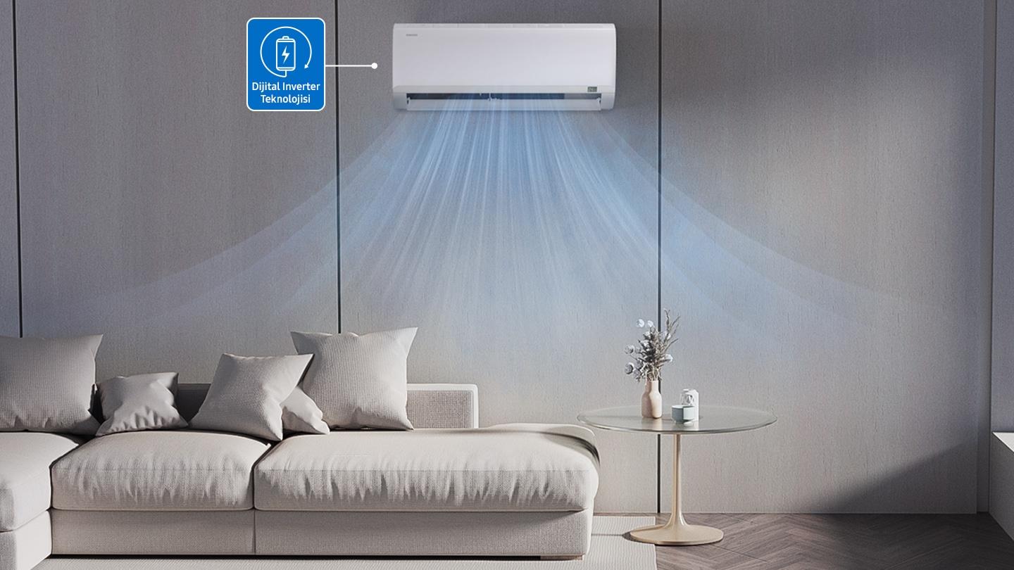 Bir oturma odasına soğuk hava üfleyen Samsung duvar tipi klima ve inverter olmayan bir modele kıyasla Digital Inverter Teknolojisi kullanıldığında istikrarlı sıcaklık kontrolü yapıldığını gösteren bir grafik.