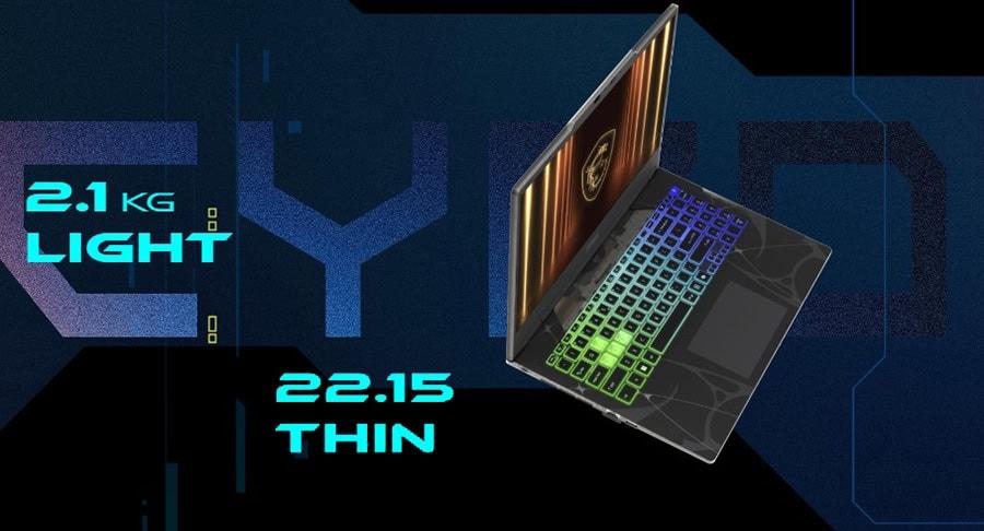 Hafif ve ince gaming dizüstü bilgisayar, 2.1 kg ağırlığında, 22.15 mm kalınlıkta, yüksek performans ve taşınabilirlik sunar.