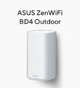 Metinde 'ASUS ZenWiFi BD4 Outdoor' yazıyor. Beyaz arka plana karşı beyaz dikdörtgen kablosuz yönlendirici cihaz.