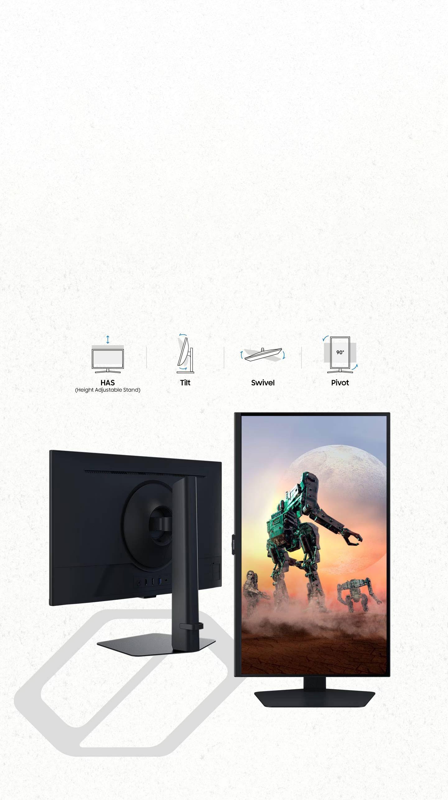 Two monitors show off the front and back designs of the G5. The monitor on the left shows the backside of the monitor featuring a stand that can adjust different heights. The monitor on the right has its screen pivoted fully vertical and on the screen shows robots standing on a deserted planet. Above the monitors shows a grid of ergonomic features from HAS(Height Adjustable Stand) and tilt capabilities to the swivel and 90º pivot flexibility. An Odyssey logo is added at the bottom of the monitor on the left.