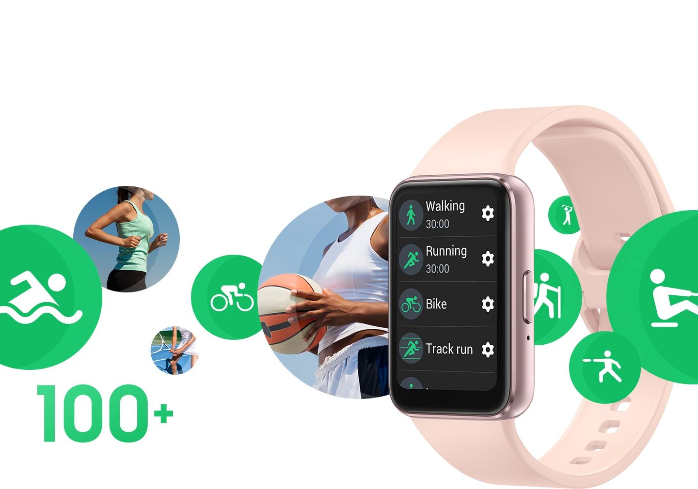 Galaxy Fit3 with multiple workout mode icons, including bike and pool swim, gliding across the device.