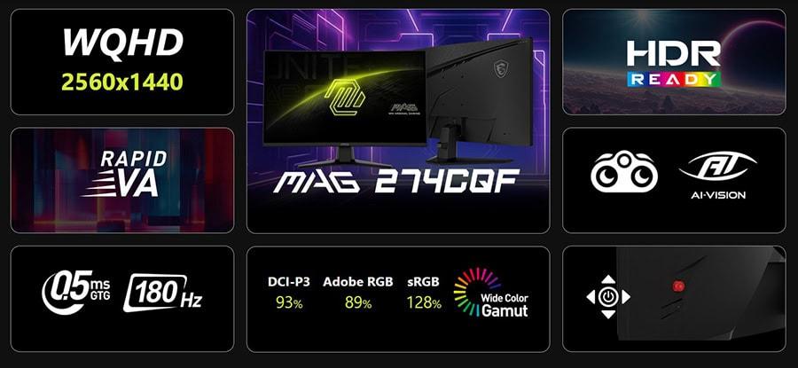MSI MAG 274CQF 27 inç 180Hz 0.5ms 2K WQHD Adaptive Sync Rapid VA Kavisli Gaming Monitör H3
