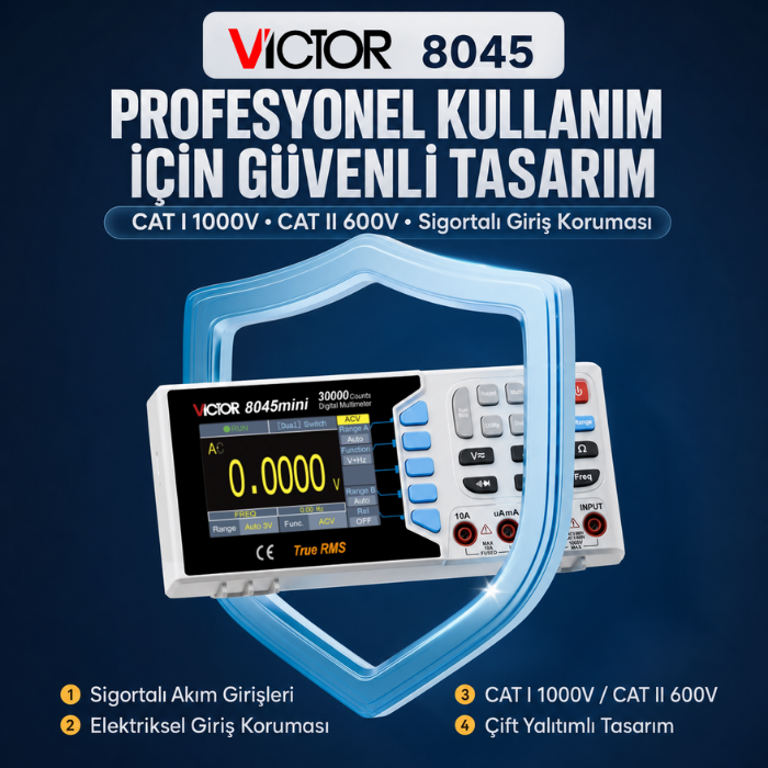 Victor 8045 CAT I 1000 V ve CAT II 600 V güvenlik özellikleri