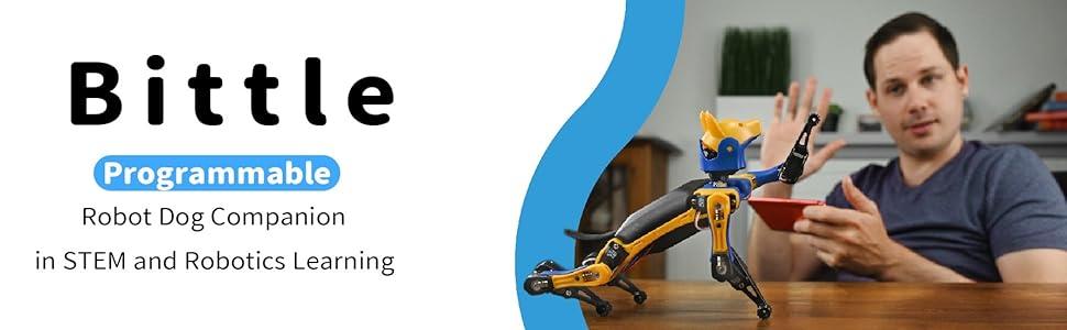 Erkek kullanıcı mobil uygulama kontrolü kullanıyor STEM Robotik Öğreniminde Bittle Programlanabilir Robot Köpek Arkadaşı