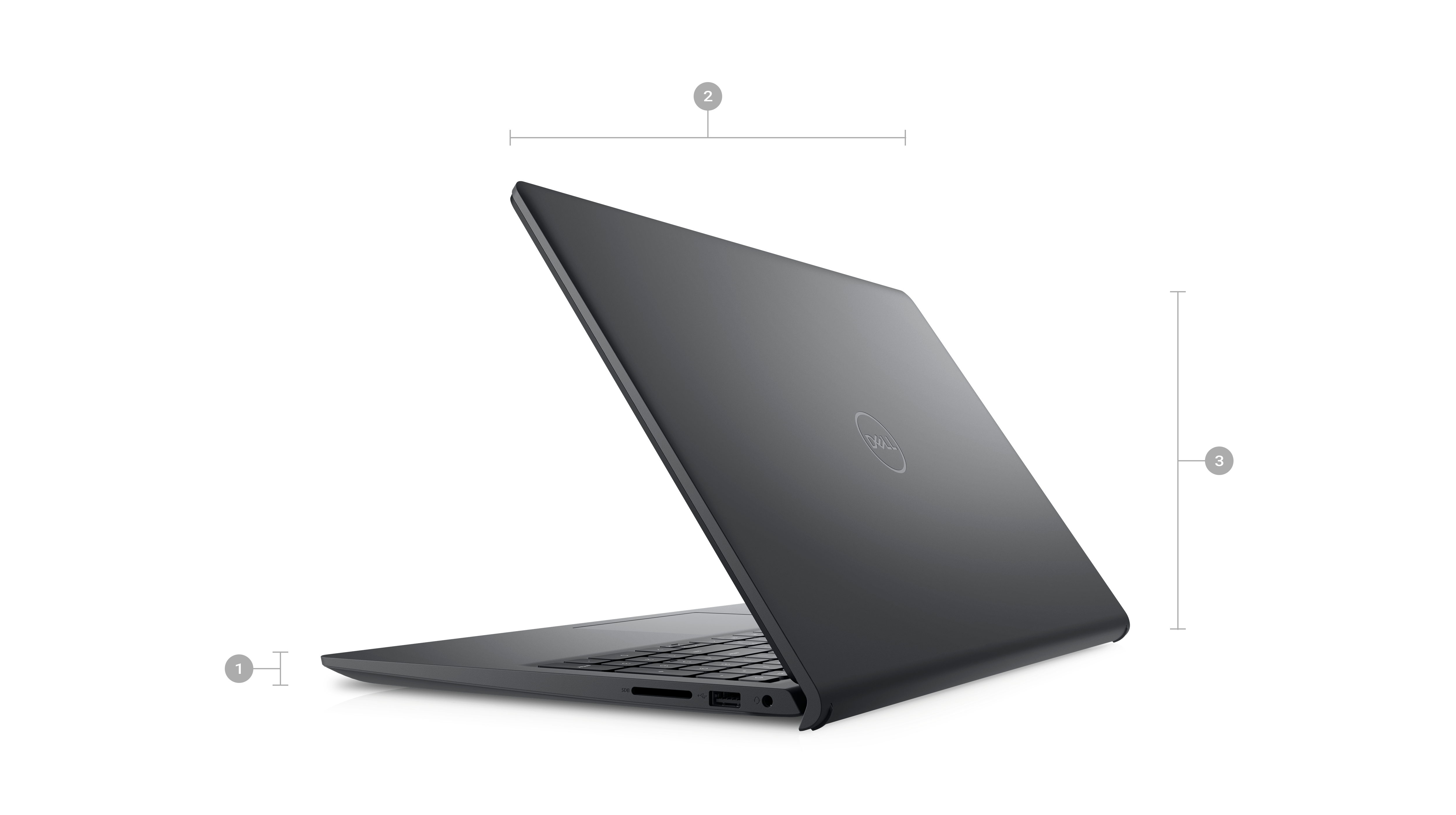 Arkası görünen ve boyutları ve ağırlığı 1'den 3'e kadar rakamlarla belirtilen Dell Inspiron 15 3520 dizüstü bilgisayarın resmi.