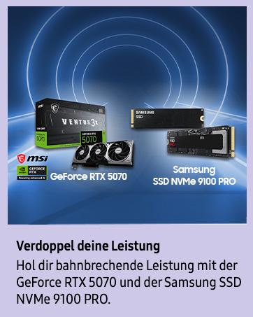 Metin "Performansınızı iki katına çıkarın" ve "GeForce RTX 5070" ve "Samsung SSD" olarak adlandırılır. Bilgisayar donanımı için mavi teknik arka planlı reklam resimleri.