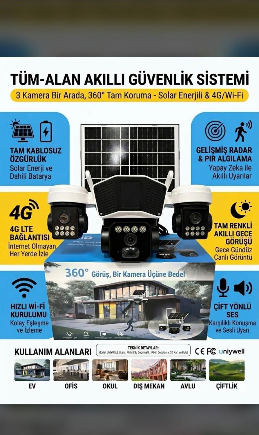 Uniywell 360° Solar 4g Güvenlik Kamerası | Triple Lens | Gece Görüş | Hareket Takip | 32GB Sd Kart + 1 Yıl Data Dahil