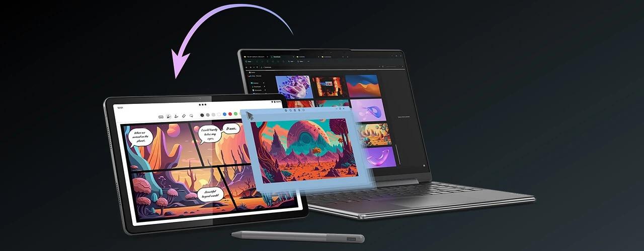Lenovo Tab M11 tablet, isteğe bağlı kalemle birlikte dizüstü bilgisayarın yanında.