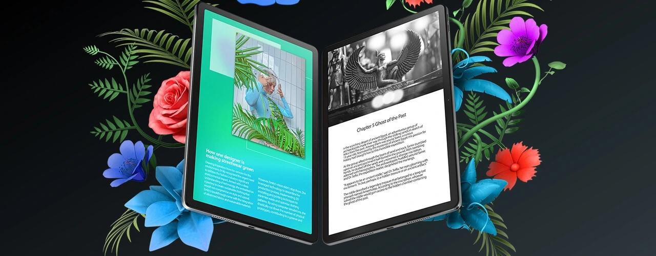 Sürükleyici okuma deneyimini sergileyen iki Lenovo Tab M11 tablet.