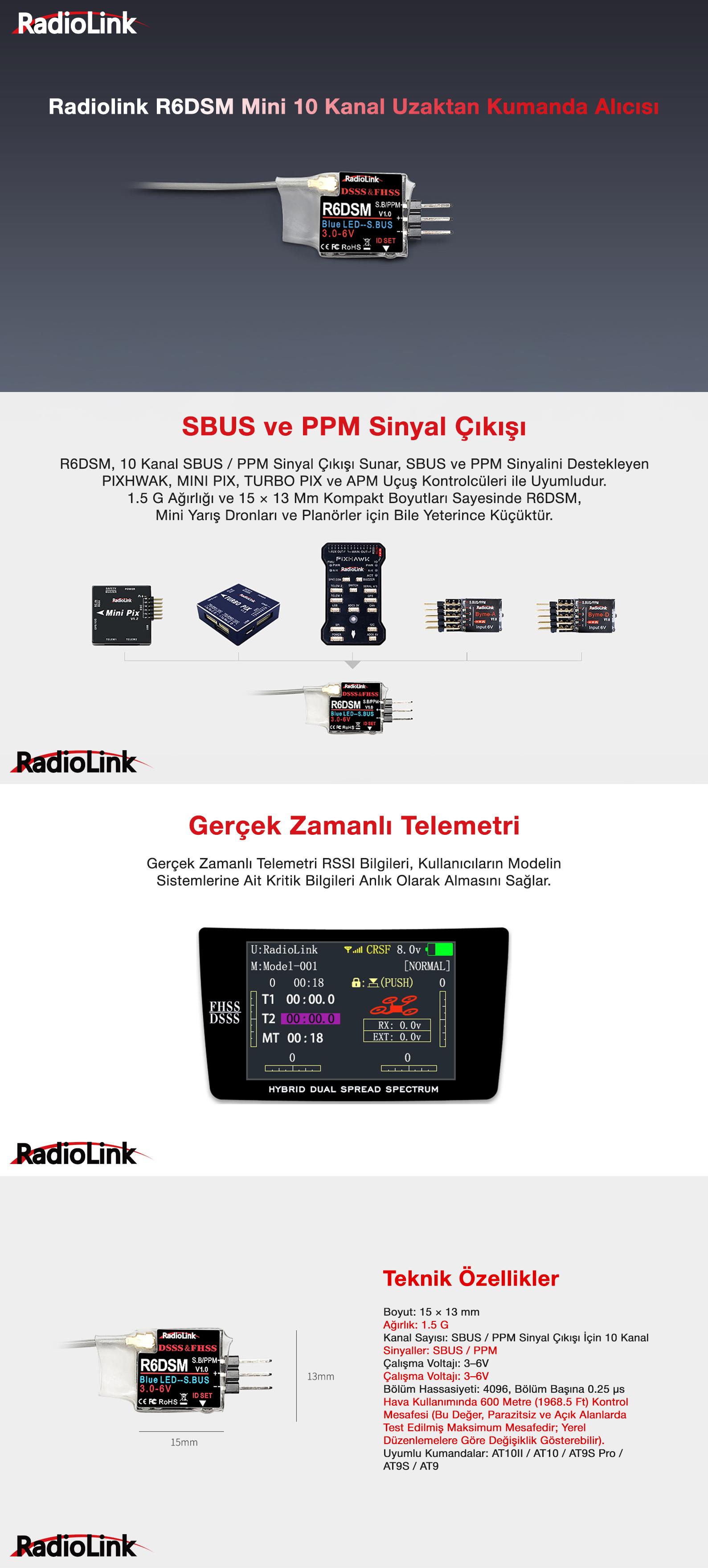Radiolink R6DSM Mini 10 Kanal Uzaktan Kumanda Alıcısı Receiver w/PPM&S-BUS (AT9&AT9S&AT10&AT10II İle Uyumludur)
