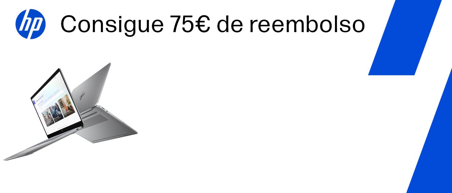 Yazı "Alınır 75 € de geri ödeme". Mavi ve beyaz tasarımlı dizüstü bilgisayar ve kağıt uçak grafiklerine sahip HP promosyon afişi.